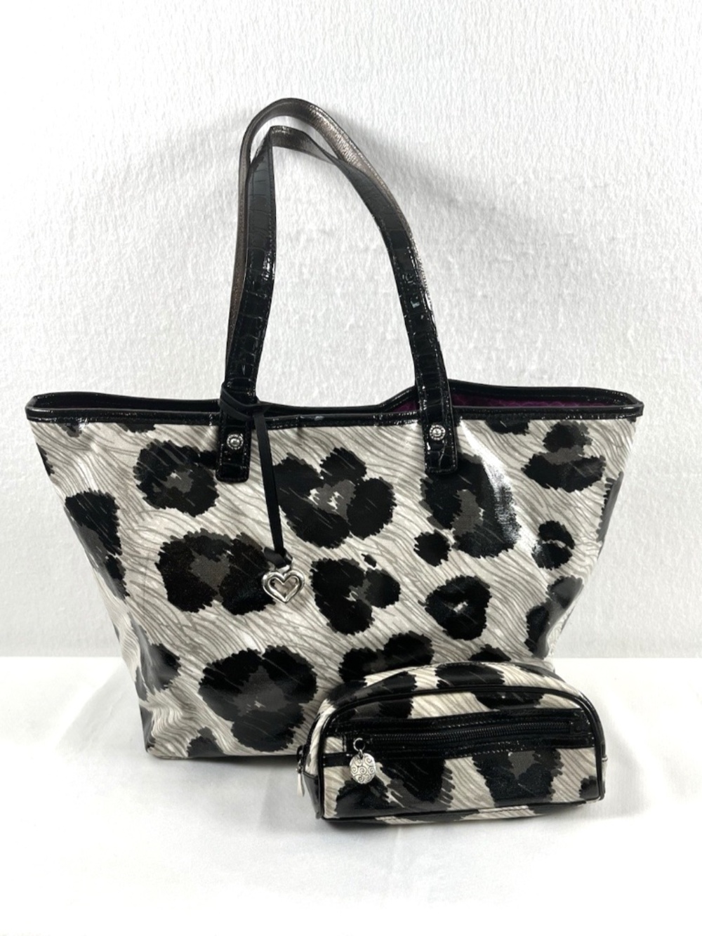 Brighton Black White Snow Leopard Print Coated Canvas Tote and Cosmetic Pouch